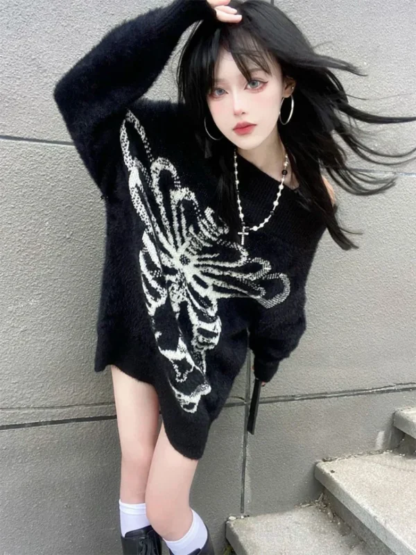 Women's Skull Print Harajuku Sweater Sweater Goth Top Aesthetic Black Pullover Harajuku Fashion Streetwear Top 2000 - Image 6