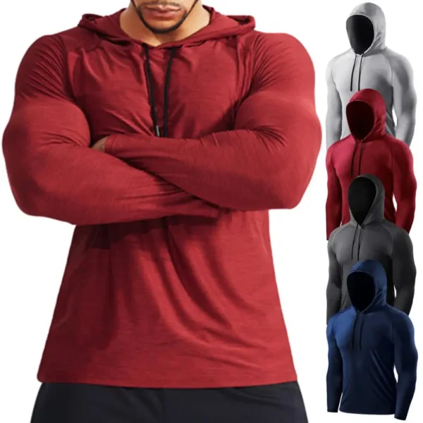 Men's Summer Sports Hoodie Long Sleeve Drawstring Elastic Loose Sweat-Absorbent Quick-Drying Solid Color Basketball Sports Top - Image 2