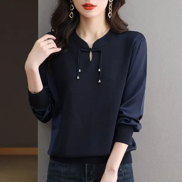 Fashion Chinese Style Buttons V-neck Chiffon Pullovers Spring Autumn 2025 New Loose Knitting Patchwork Top Tee Women Clothes - Image 4