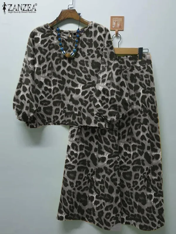 ZANZEA Spring Leopard Printed Matching Sets 3/4 Sleeve O-Neck Blouse Casual Trousers 2PCS Woman Fashion Party Suit Oversized - Image 3