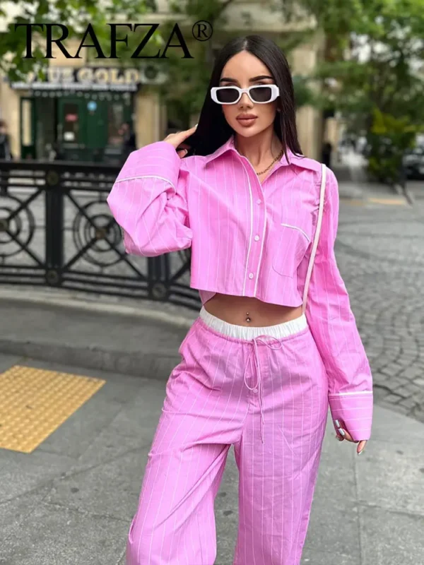 TRAFZA Women Sweet Pink Stripe Blouse Pant Sets Button Long Sleeve Cropped Shirt Patchwork Drawstring Straight Trousers TRAF - Image 6
