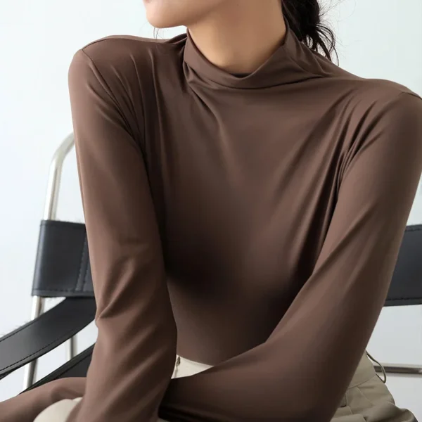 Autumn Women Long Sleeve T-shirt Pullovers Tops Casual Solid Mock Neck Thin Women Long Sleeve Pullovers Female Slim Inner Tops - Image 5