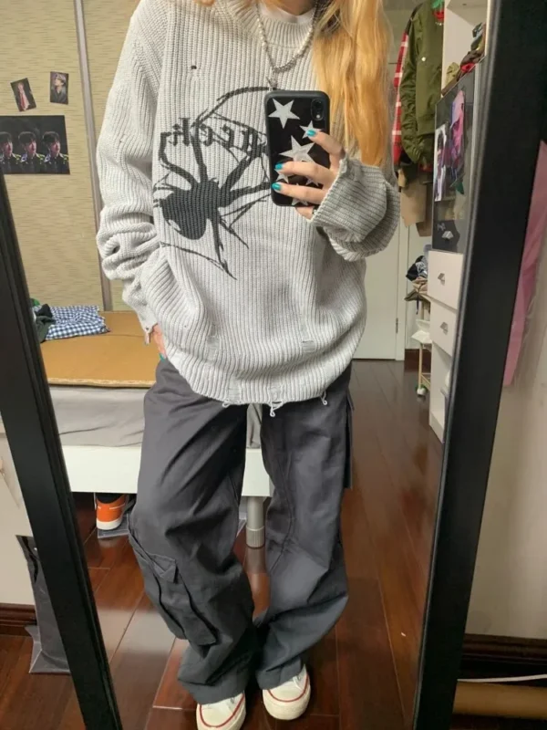 Milang girl Spider Print Harajuku Sweater Women Gothic Vintage Ripped Grunge Jumper Streetwear Korean Oversize Hiphop Pullover - Image 2