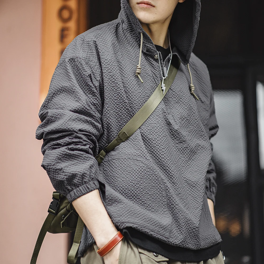 Maden Men Casual Jacket Hooded Hoodies Spring and Autumn Pullover Hooded Jacket Solid Color Gray Clothing for Men Loose Comfort