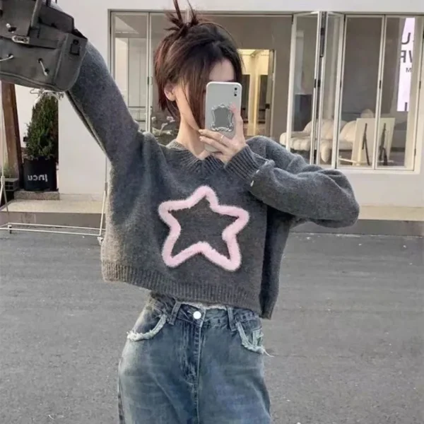 V-neck Loose Solid Color Knitwear Women Autumn Winter Fashion Office Lady Long Sleeve Sweater Casual All-match Knitting Tops - Image 3