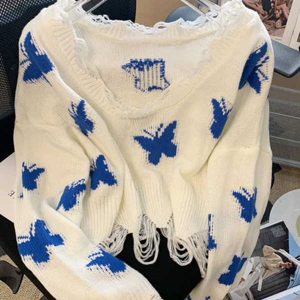 New Women Casual Loose Jumper Korean Fashion Graphic Butterfly Knitted Sweater Woman Sweet Oversized Cropped Off Shoulder Tops - Image 4