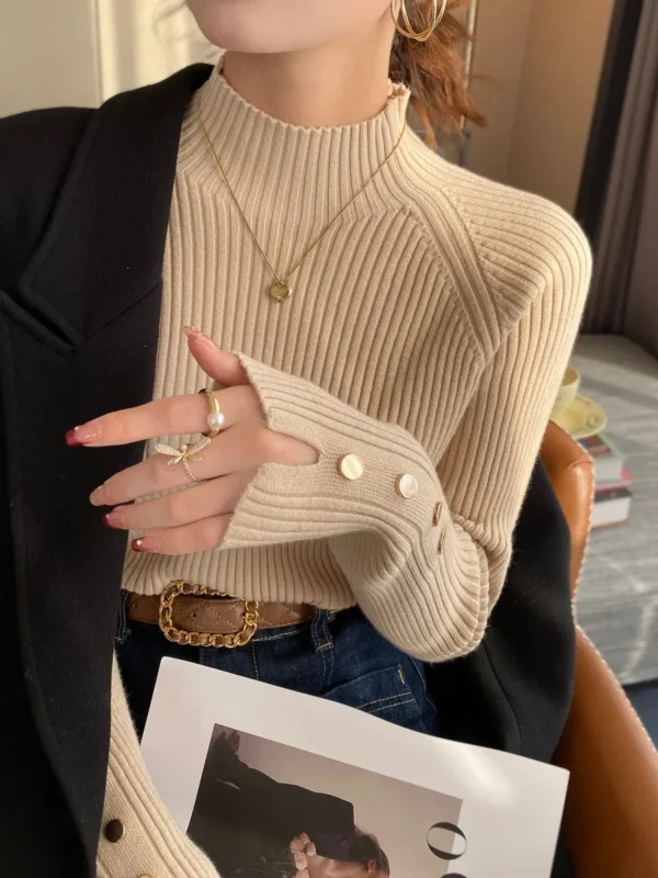 Autumn Winter Sweater Women Pullovers Long Sleeve Tops Clothes Slim Knit Soft Jumper Streetwear Button Turtleneck Sweater - Image 3