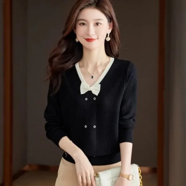 Women Autumn Winter Korean Slim Bow Solid Color Women Clothes Trend O-neck Long Sleeve Sweater Pullover Long Sleeve Sweatertops - Image 5