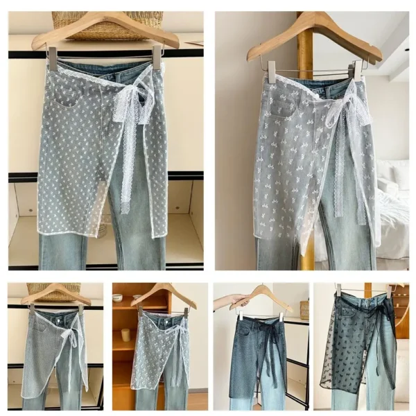 INS Blogger Lace Layered Gauze Skirt Y2k Streetwear Apron Wrap Skirt Lace Up Matching Pants Spicy Girl Stacked Y2k Wrap Skirt - Image 4