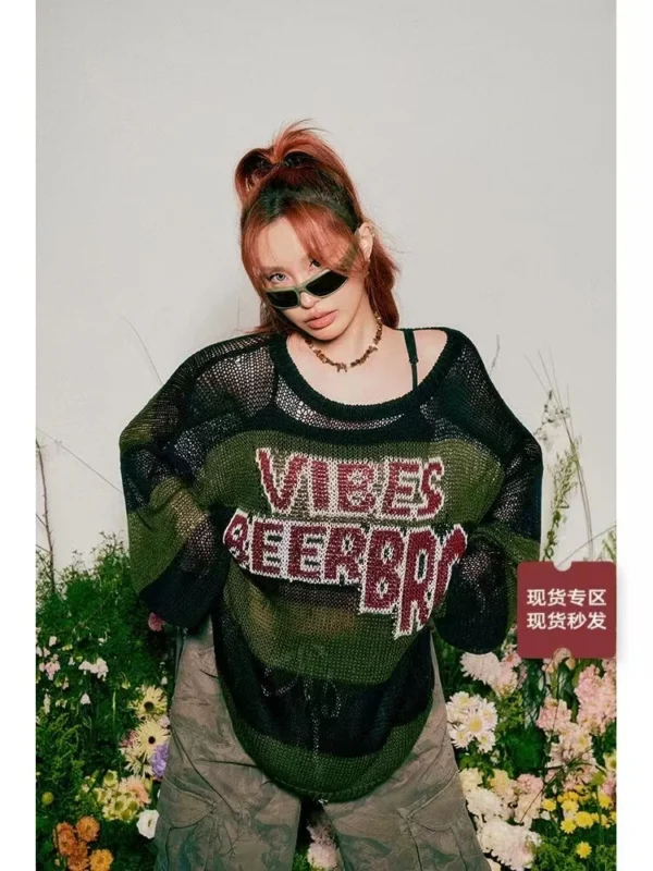 American Striped Hollow Sweater For Women In Summer Oversized Loose Cool And Lazy See-Through Tulle High-End Nightclub Style Top - Image 3