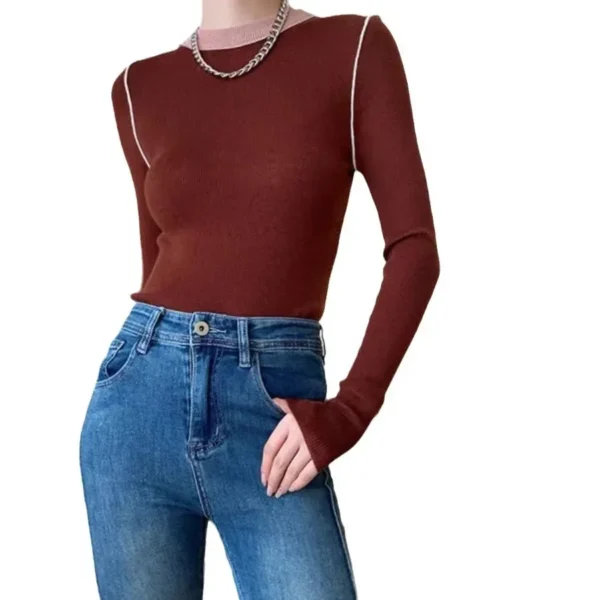Women's Supple Color Blocking Base Layer Top Round Neck Knit Sweater High-End Feel Long Sleeves O Neck Pullovers - Image 5