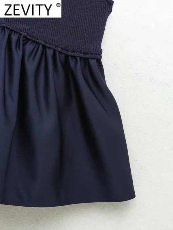 Zevity Women Sexy V Neck Knitting Patchwork Hem Pleats Sling Smock Blouse Female Shirt Blusas Chic Tops LS3689 - Image 4
