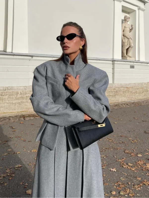 Women Fashion Solid Woolen Skirt Suits Elegant Stand Collar Full Sleeve Coat Loose Pleated Long Skirts Set Fall Chic Lady Outfit - Image 4