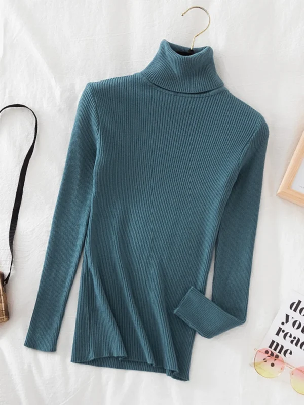Korean Fashion Turtleneck Women Autumn Winter Pullover Sweater Basic Solid Casual Slim Stretch Ribbed Knitted Top Woman Sweaters - Image 3
