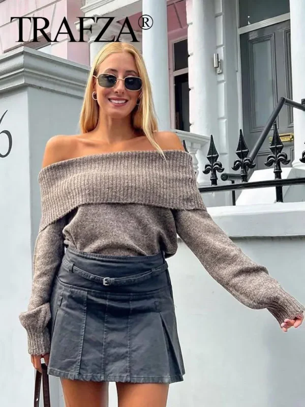 TRAFZA Women Fashion Solid Off Shoulder Sweater Long Sleeve Knitted Pullover Sweater Autumn Female Casual Knitwear Chic Top - Image 5