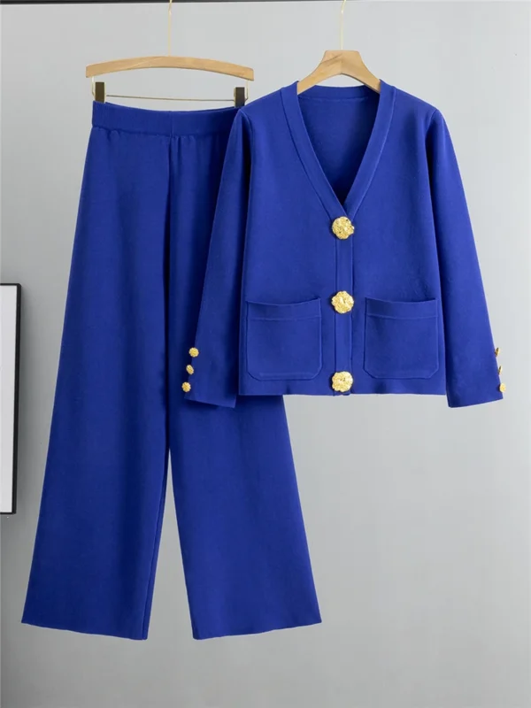Fall Winter Women's Knit Sweater Sets Large Gold Button V-neck Cardigan Coats Conjunto High Waist Baggy 95cm Wide Leg Pants Suit - Image 5