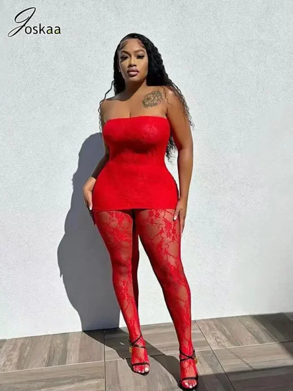 Joskaa Holiday Set Outfit For Women Black Red Lace Baddie 2 Piece Sets Outfits 2024 New Beach Sexy Leggings Club Party Outfit - Image 3