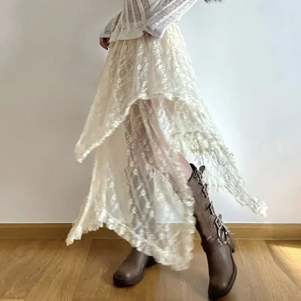 Lace Asymmetrical Skirt Fairycore Women Vintage Y2K Boho Aesthetic Fashion High Waist Mid Skirts Lady Holiday Outfits - Image 4