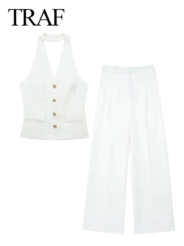 TRAF Women 2 Piece Set Halter Neck Single-Breasted Pocket Sleeveless Halter Vest Tops+High Waist Zipper Pockets Wide Leg Pant - Image 5