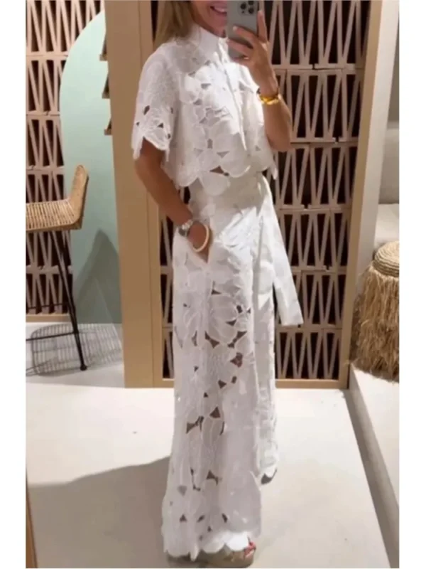 Sexy Lapel Single-breasted Shirt Top + Wide-leg Pants 2-piece Set Women Fashion Solid Color Elegant Casual Hollow Suit Female - Image 7