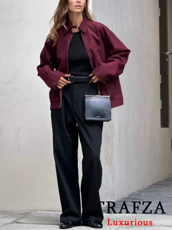 TRAFZA Vintage Casual Chic Bordeaux Red Women Suit Turn-down Collar Zipper Jacket Drawstring Mini Skirt Fashion 2024 Autumn Suit - Image 2