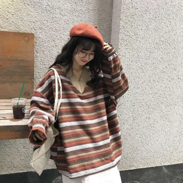 New Women Clothes Korean Vintage Striped Lantern Sleeve Autumn Sweater Female Loose Long Sleeve Mid Length Top Autumn Winter