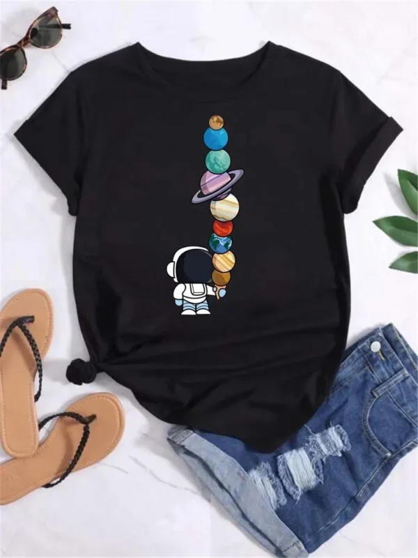 Maycaur T Shirt Women Moon Planet Print Fashion Tee Shirts Casual Round Neck Short Sleeve Streetwear Female T-Shirt Vintage Tops - Image 3