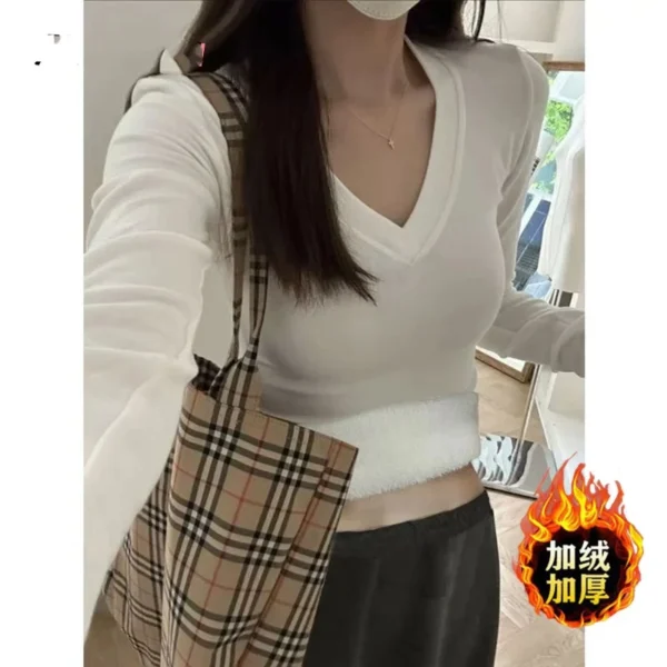 Autumn Winter New Fashion Long Sleeve V-neck Bottoming Shirt Solid Women's Clothing Loose All-match Simplicity Warm Trend Tops