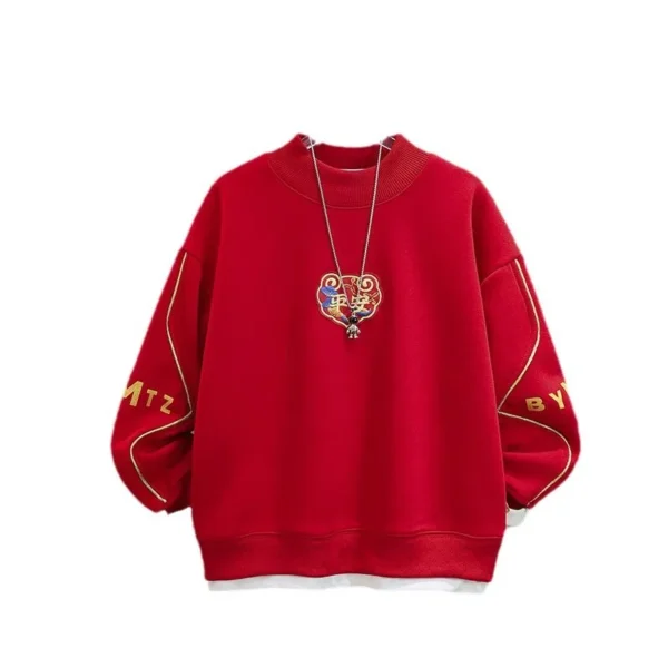 Men's Hoodie Woolen Sweater Red New Year Snake Year Children's Festive Clothing Warm And Thick Boys' Top And Pants - Image 5