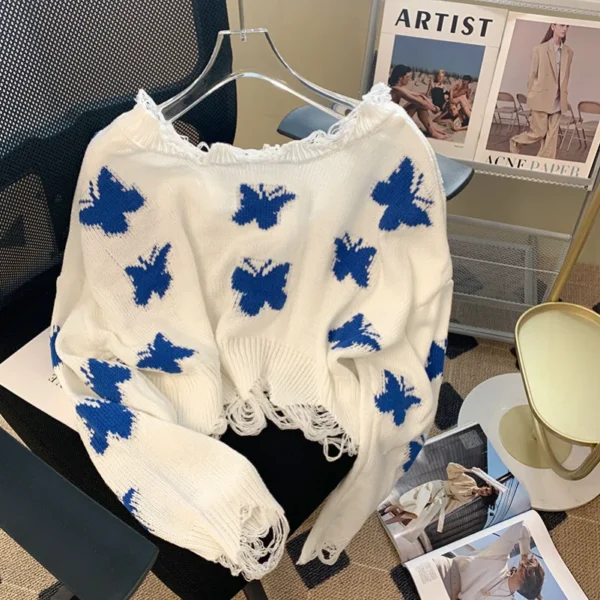 New Women Casual Loose Jumper Korean Fashion Graphic Butterfly Knitted Sweater Woman Sweet Oversized Cropped Off Shoulder Tops - Image 2