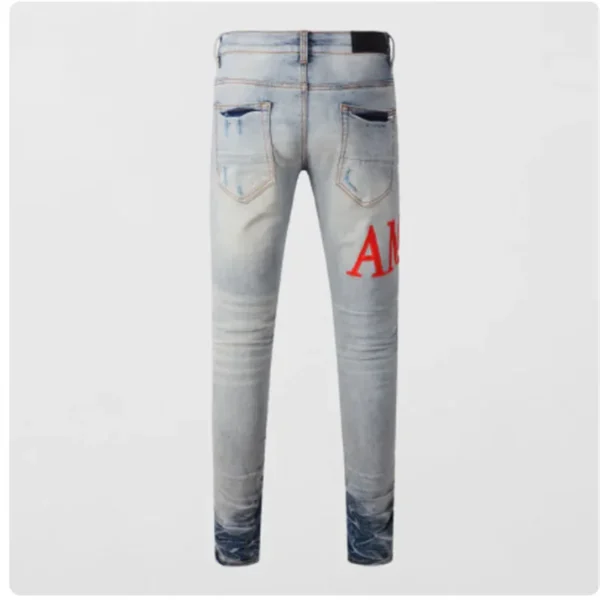 High Street Fashion Men's Jeans Vintage Elastic Tight Split Jeans Men's Blue Hole Red Patch Designer Hip Hop Brand Pants Homer