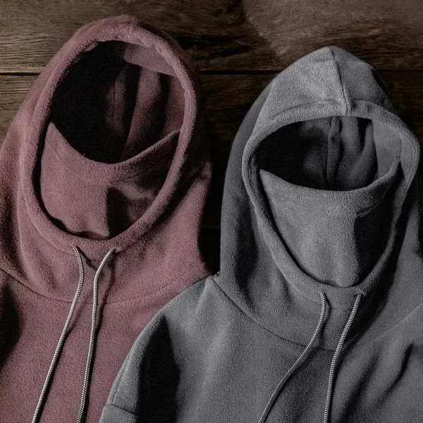 Maden Casual Polar Fleece Hooded Sweatshirt Solid Color Windproof Pullover with Face Mask Warm Tops for Men's Fall and Winter - Image 4
