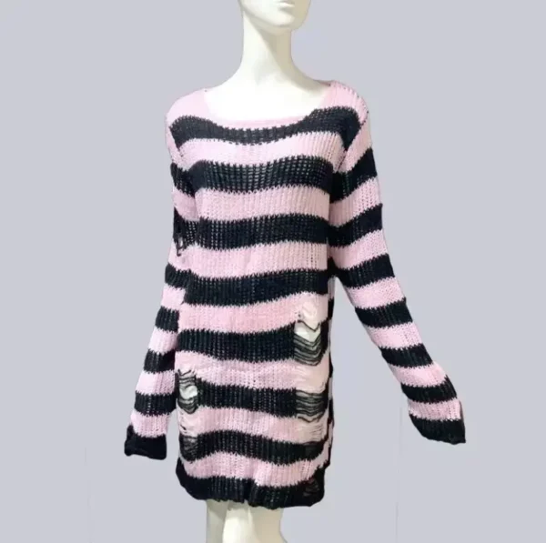Punk Gothic Long Unisex Sweater Summer Women Striped Cool Hollow Out Hole Broken Jumper Loose Rock Thin Dark Streetwear Top - Image 5