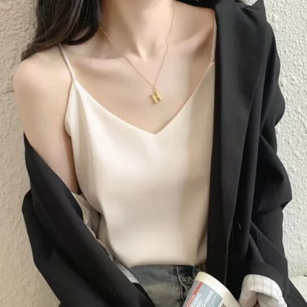 Fashion Strap Top Women Halter V Neck Basic White Cami Sleeveless Satin Silk Tank Tops Women'S Summer Camisole - Image 3