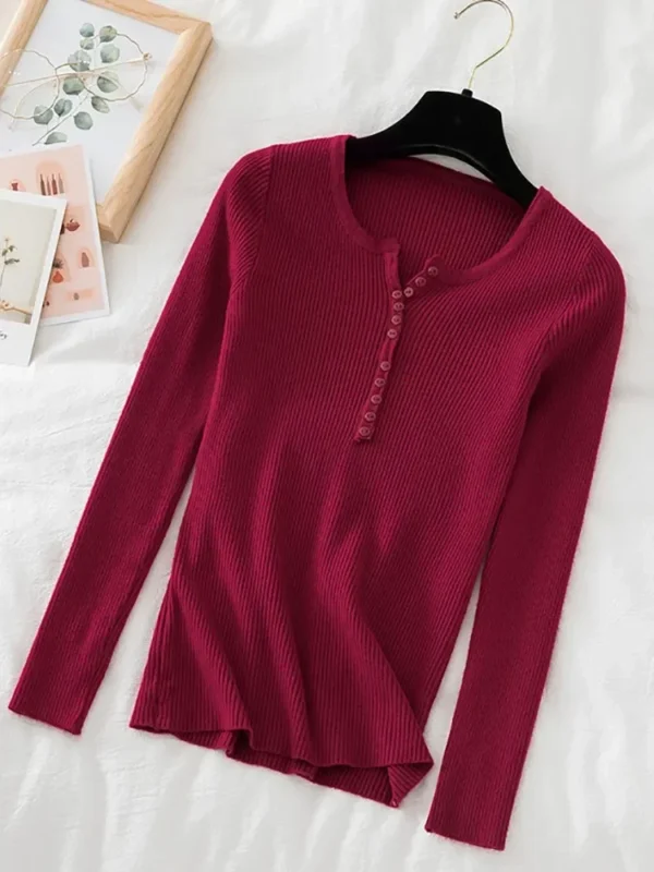 2024 Autumn Winter Button V Neck Sweater Women Basic Slim Pullover Women Sweaters And Pullovers Knit Jumper Soft Warm Tops - Image 5