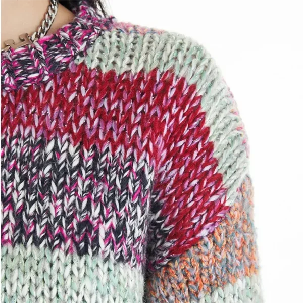 Striped Multi Color Sweater Knitted Crew Neck Jumper Drop Shoulder Rainbow Knitwear Autumn/Winter Woman Clothing - Image 4