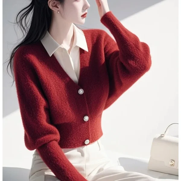 Women Red Fake Two-piece Sweater Autumn Winter Knitted Thick Loose Pullovers Office Lady Daily Casual Commute Knitwear