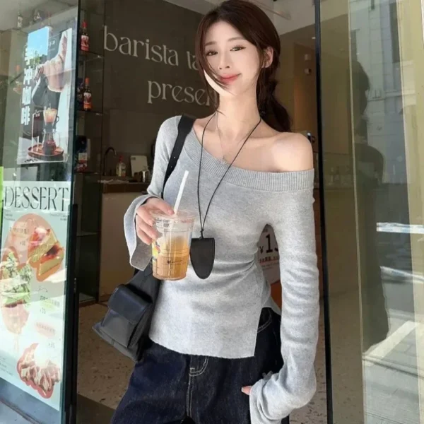 Sexy Pullovers Women Off Shoulder Cropped Knitted Basic Clothes Autumn All-match Side Slit Simple Tender Slim Gentle Seductive - Image 3