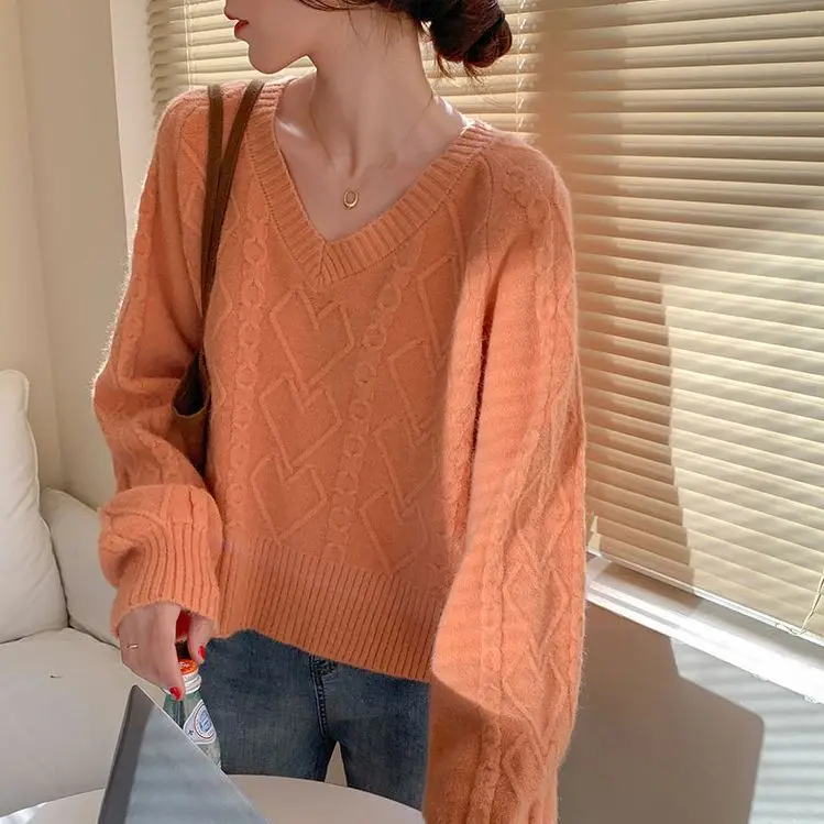 Women Autumn Winter Casual Screw Thread Solid Color Knitting Women Clothes All-match V-neck Loose Pullover Long Sleeve Sweater - Image 4