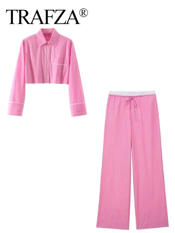 TRAFZA Women Sweet Pink Stripe Blouse Pant Sets Button Long Sleeve Cropped Shirt Patchwork Drawstring Straight Trousers TRAF - Image 2