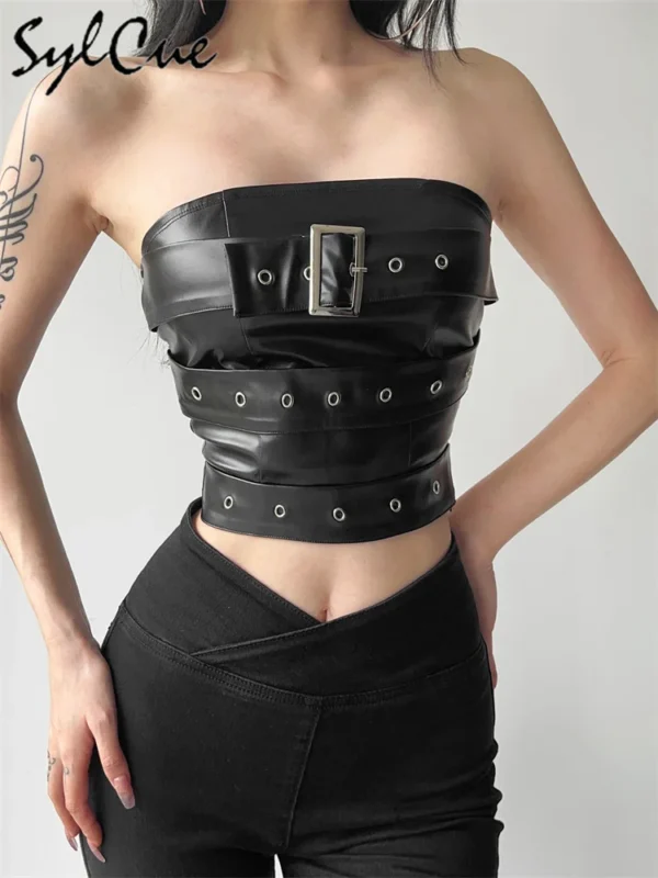 Sylcue Classic Retro Matte Black Mysterious Sexy All-Match Personality Fashionable Summer Travel Cool Women Belt Chest Wrap Vest - Image 3