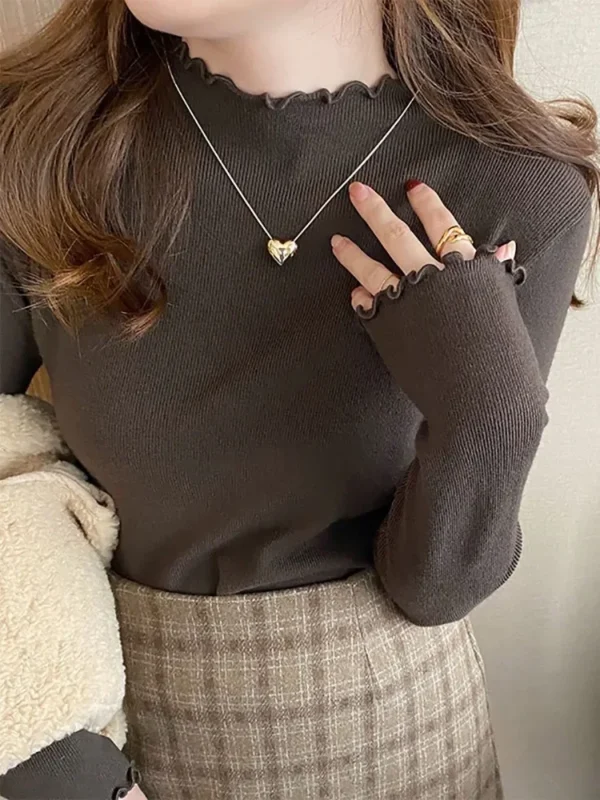 2024 Autumn Winter Sweater Women Knitted Ribbed Pullover Korea Long Sleeve Ruffles Turtleneck Slim Jumper Soft Warm Pull Femme - Image 6