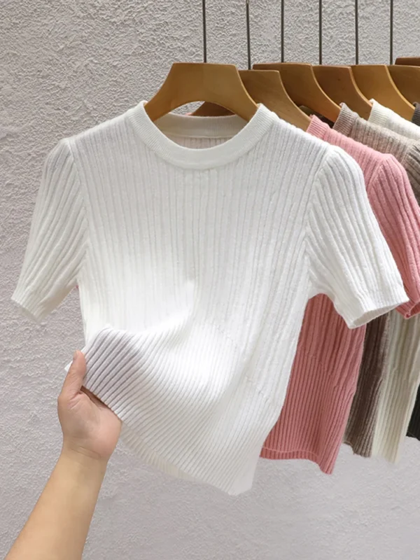 2024 Summer T shirts for Women Casual Female Korean Knit Streetwear Tees Basic Solid Young Cool Tops