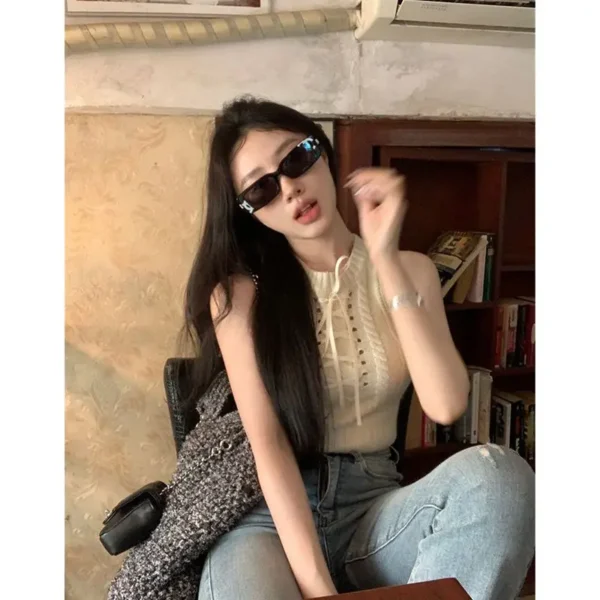 Women Clothes Trend Sexy Lacing Knitting O-neck Sleeveless Pullovers Autumn Fashionable New Hollow Out Skinny Tank Top Sweater - Image 3