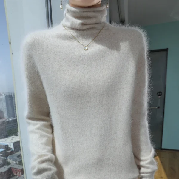 Autumn And Winter New 100% Pure Mink Cashmere Sweater Women's Pile Collar Pullover Slim Sweater Knitted Bottoming Shirt - Image 4