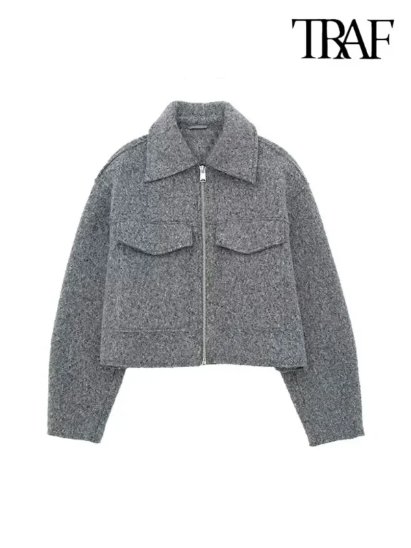 TRAF Women Fashion Patch Pockets With Flaps Cropped Jacket Coat Vintage Long Sleeve Front Zipper Female Outerwear Chic Tops - Image 3
