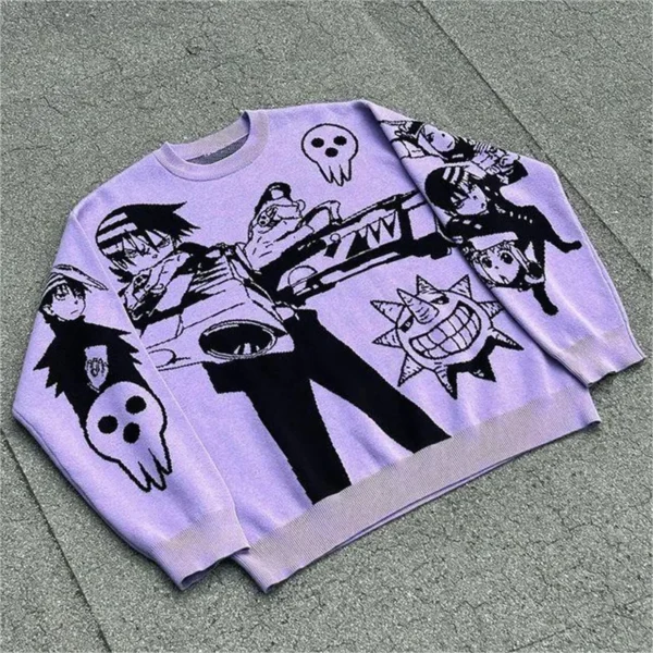 Harajuku new sweaters Y2K retro 90s goth fitted round neck tops knitwear high quality Embroidery anime pattern oversized sweater