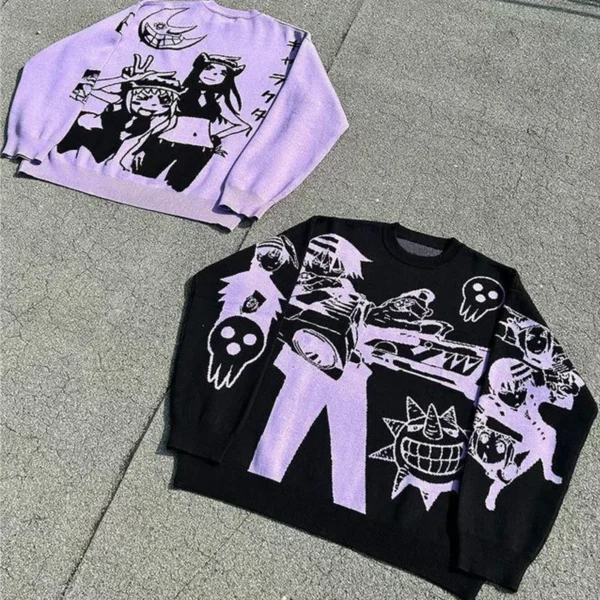 Harajuku new sweaters Y2K retro 90s goth fitted round neck tops knitwear high quality Embroidery anime pattern oversized sweater - Image 5