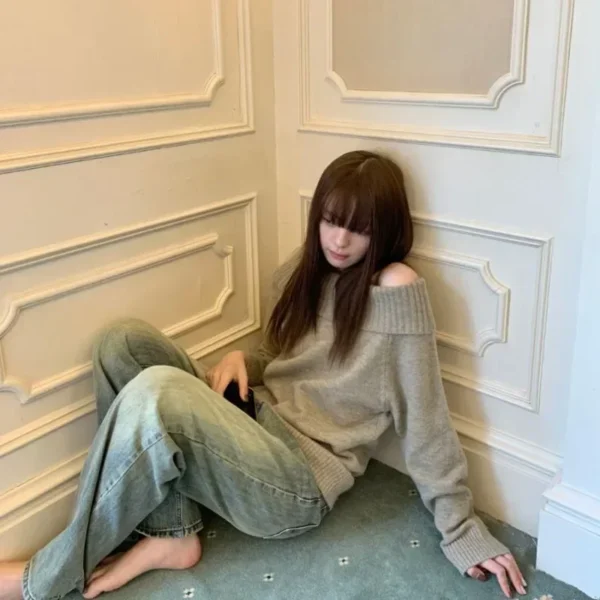 Deeptown Vintage Japanese Style Sweater Women Solid Sexy Off Shoulder Knitwear Y2k Long Sleeve Jumper Slash Neck Causal Harajuku - Image 6
