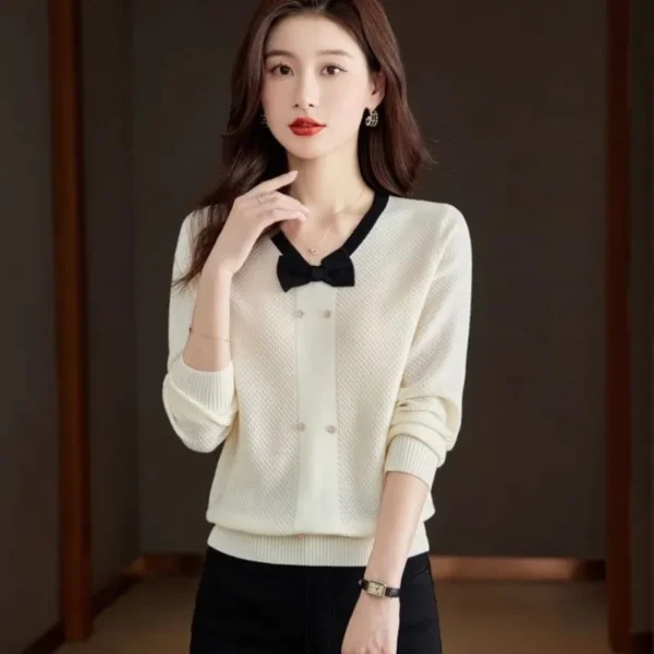 Women Autumn Winter Korean Slim Bow Solid Color Women Clothes Trend O-neck Long Sleeve Sweater Pullover Long Sleeve Sweatertops - Image 3